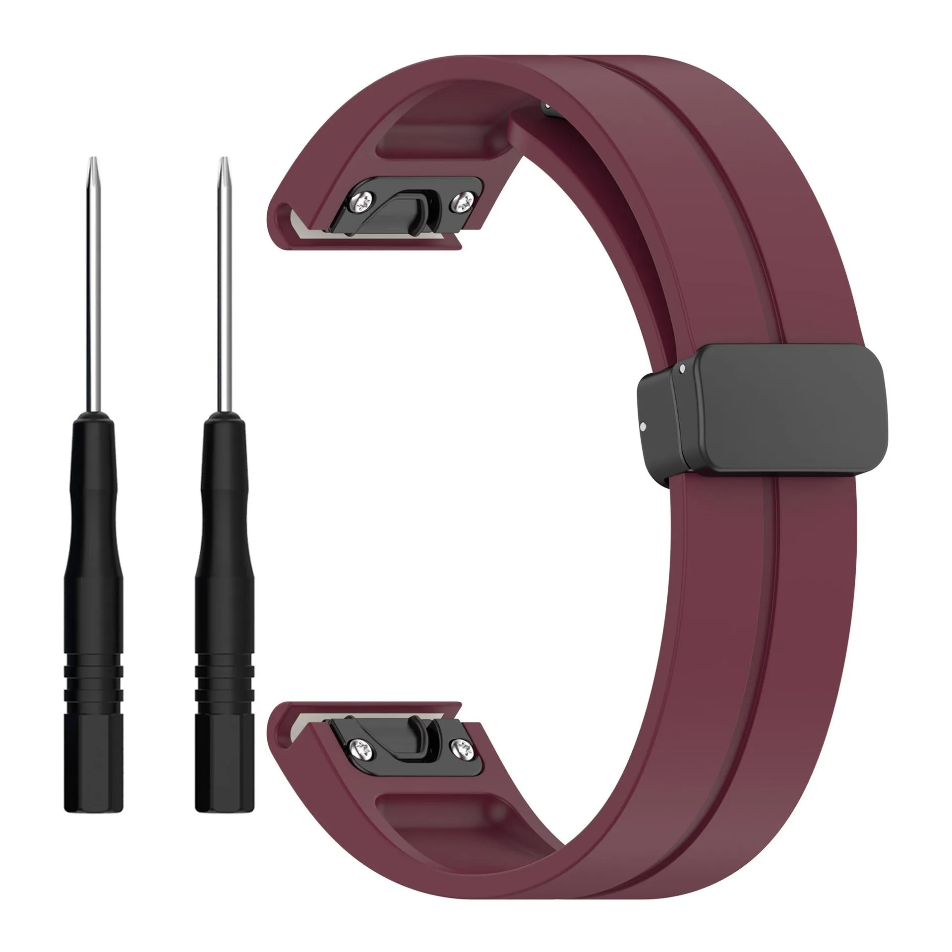 Silicone watch strap with magnetic folding buckle in black with black buttons for Garmin Fenix