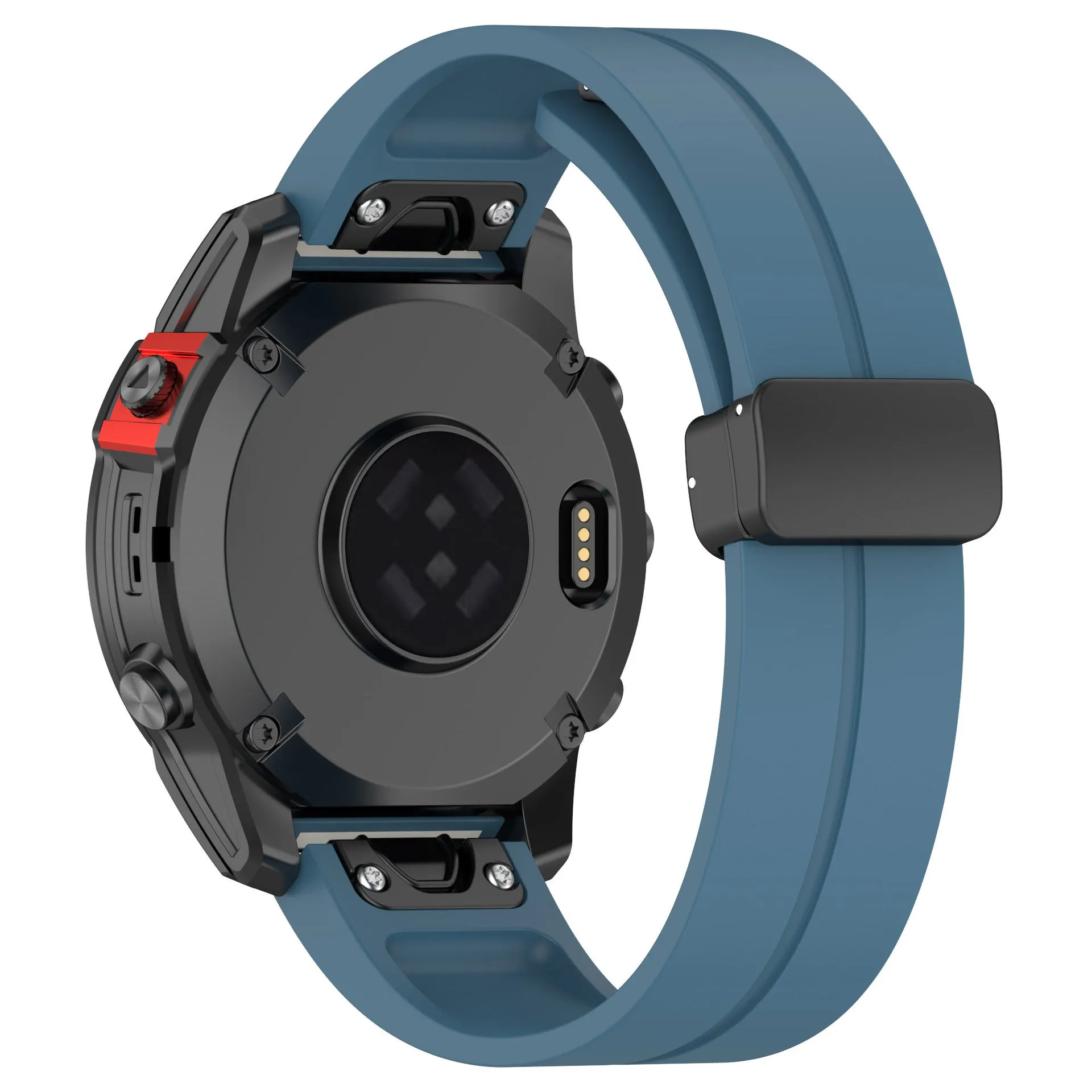 Silicone watch strap with magnetic folding buckle in black with black buttons for Garmin Fenix