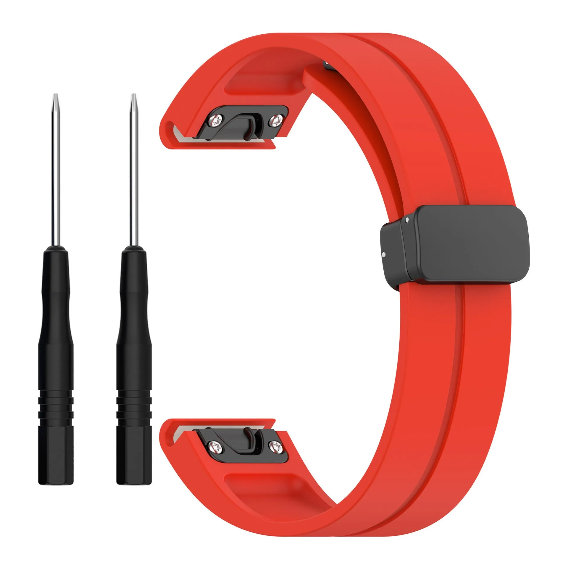 Silicone watch strap with magnetic folding buckle in black with black buttons for Garmin Fenix