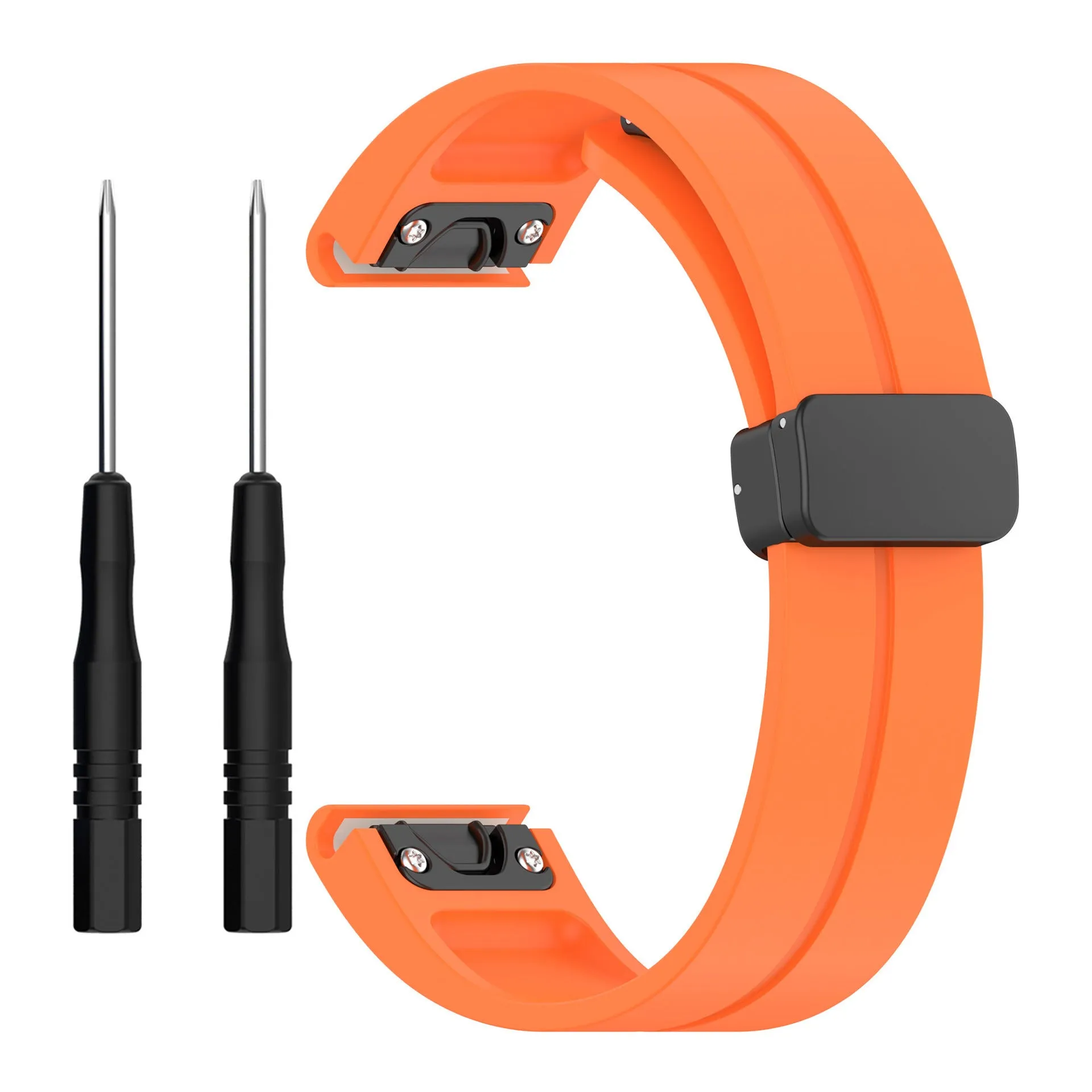 Silicone watch strap with magnetic folding buckle in black with black buttons for Garmin Fenix