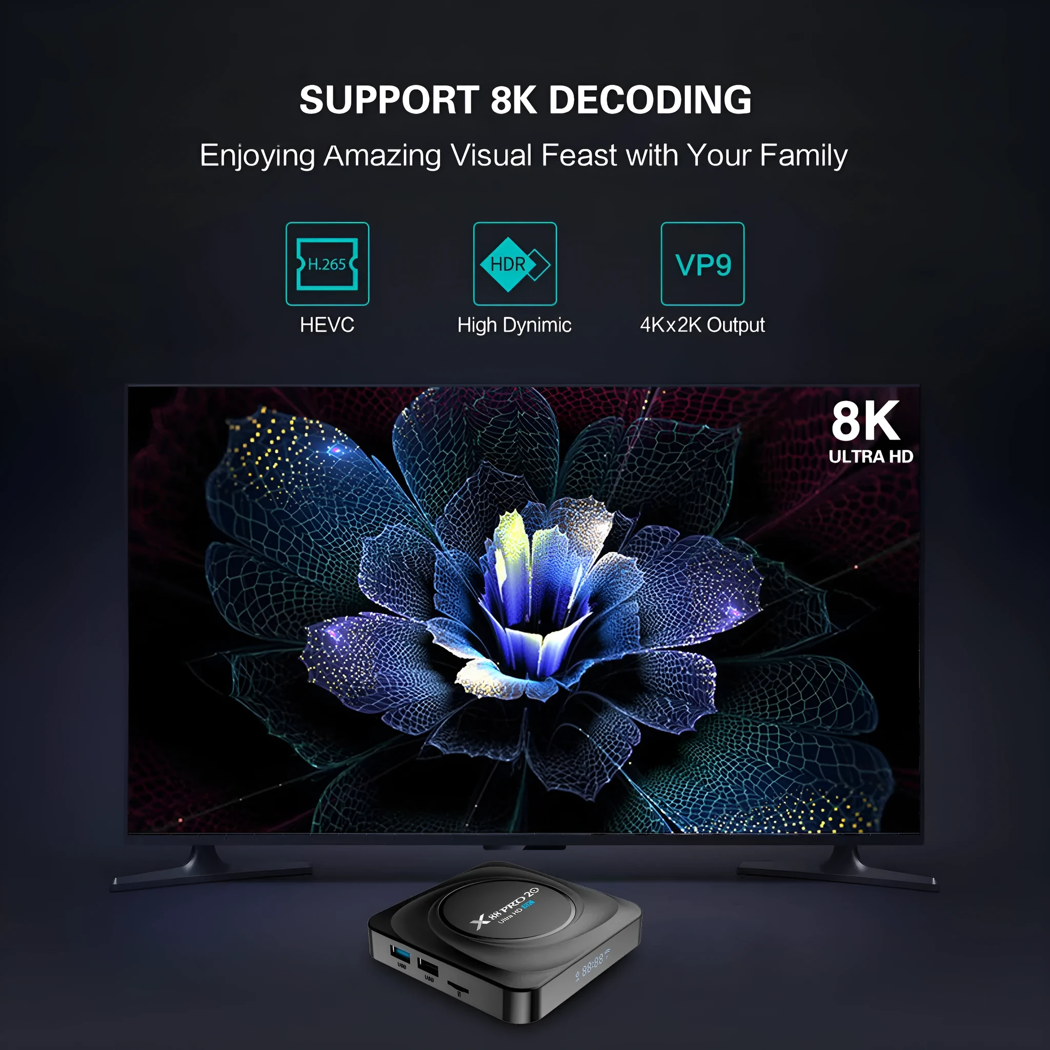 Android 11.0 set-top TV box with remote control and cables on a wooden table.