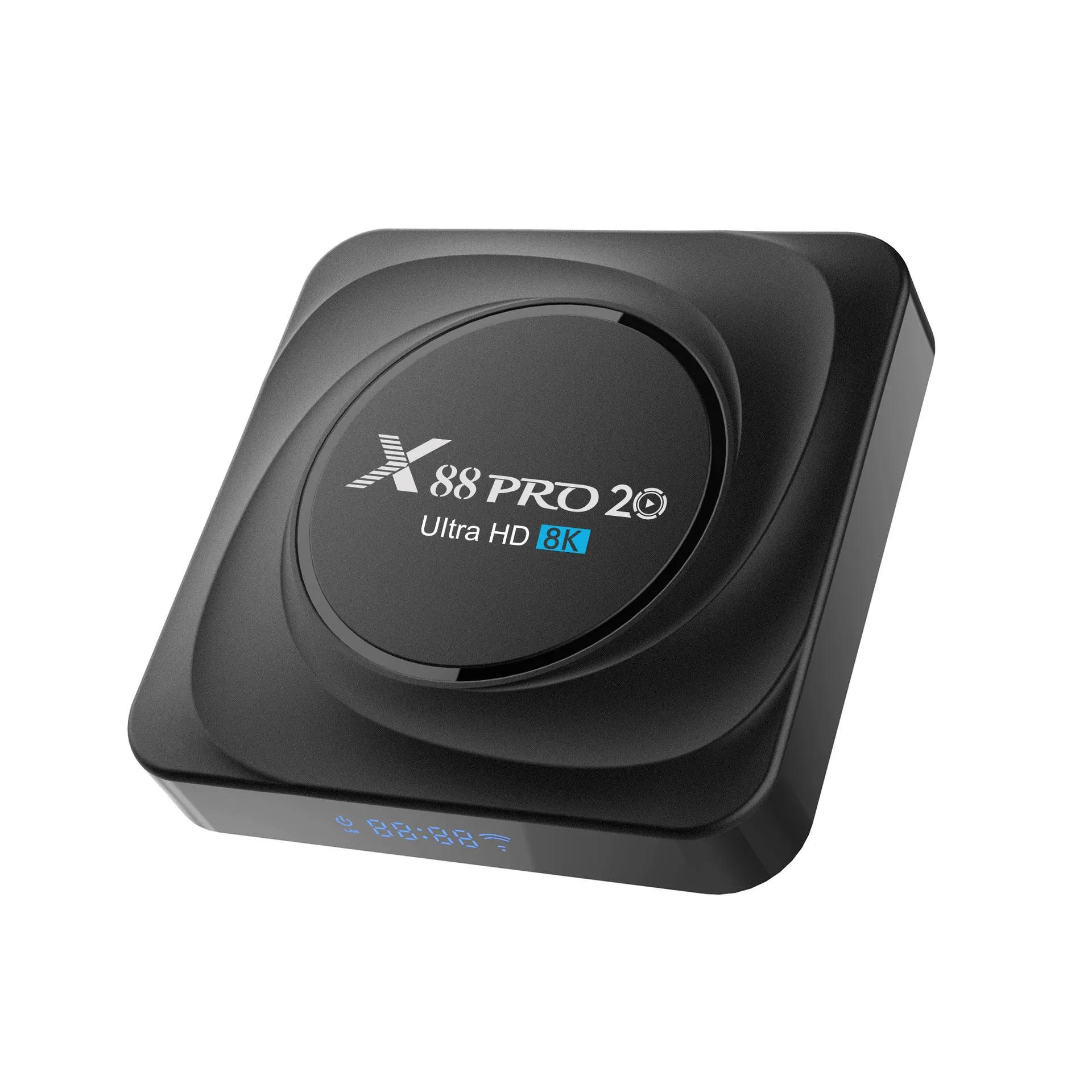 Android 11.0 set-top TV box with remote control and cables on a wooden table.