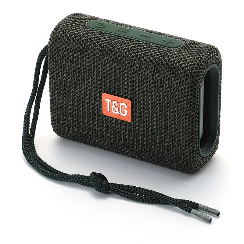 Wireless Bluetooth speaker in black, front view showing control buttons and grille, with double diaphragm subwoofer, 100x40x78mm