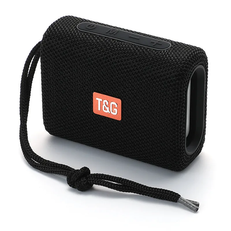 Wireless Bluetooth speaker in black, front view showing control buttons and grille, with double diaphragm subwoofer, 100x40x78mm