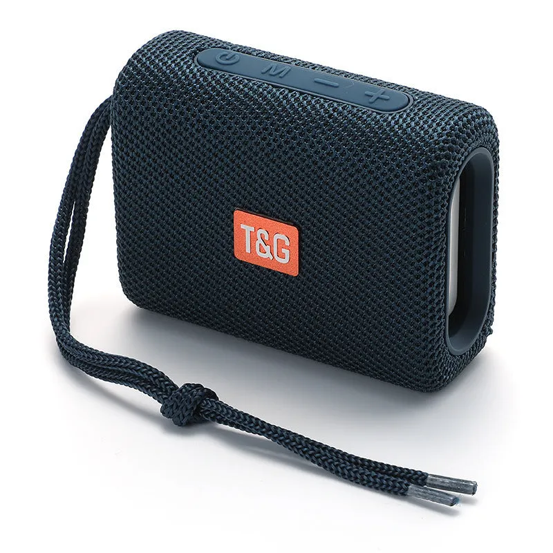 Wireless Bluetooth speaker in black, front view showing control buttons and grille, with double diaphragm subwoofer, 100x40x78mm
