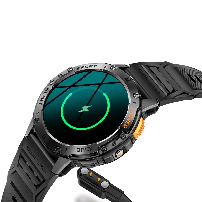 Men's black smart watch with round AMOLED screen and stainless steel wristband showing blood pressure reading