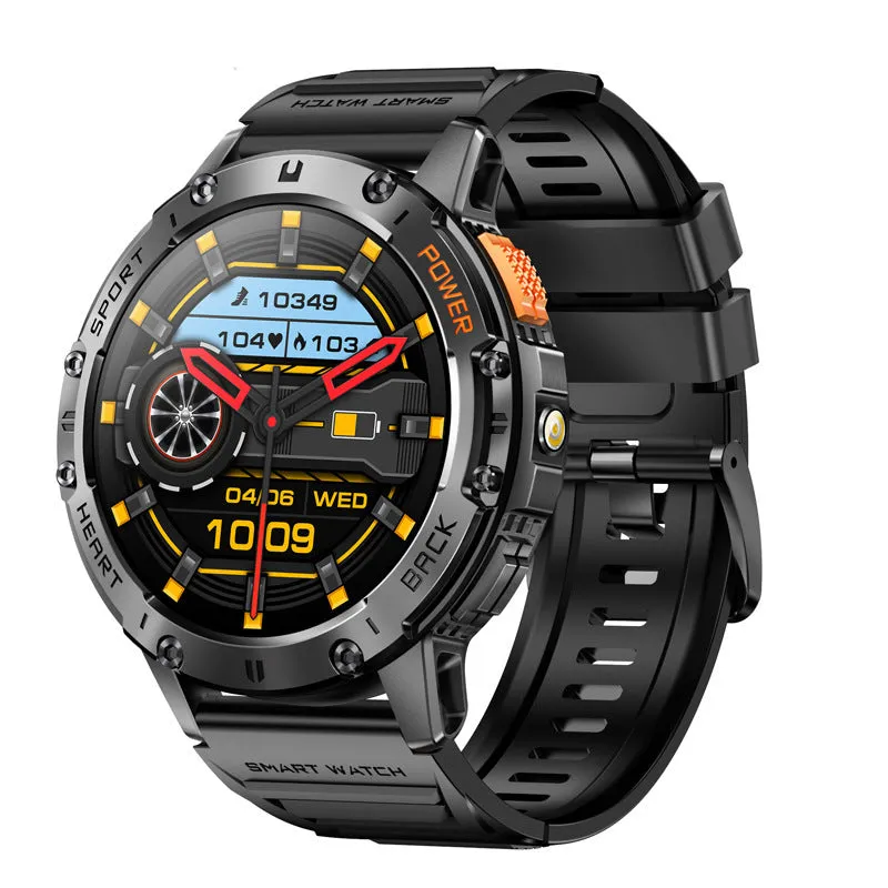 Men's black smart watch with round AMOLED screen and stainless steel wristband showing blood pressure reading
