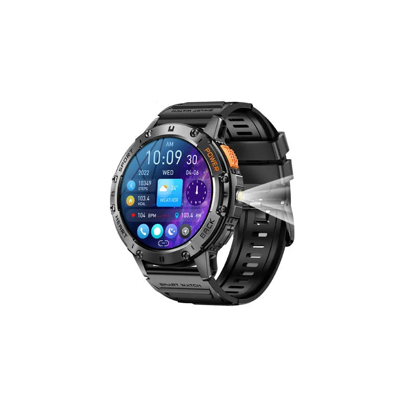Men's black smart watch with round AMOLED screen and stainless steel wristband showing blood pressure reading