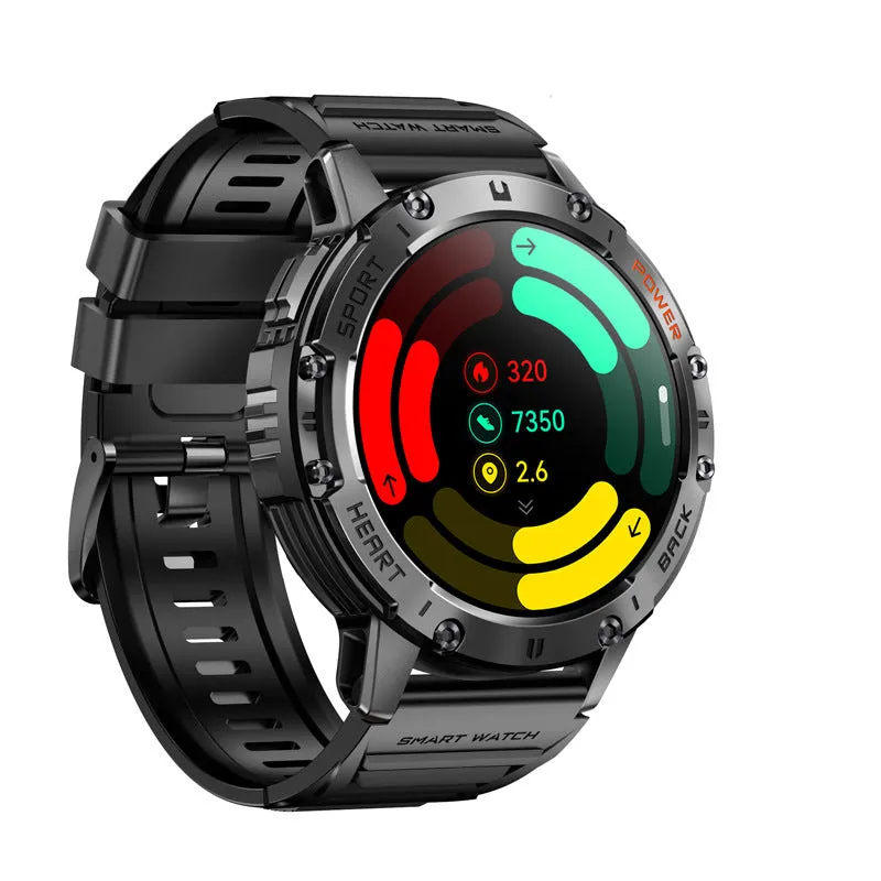 Men's black smart watch with round AMOLED screen and stainless steel wristband showing blood pressure reading