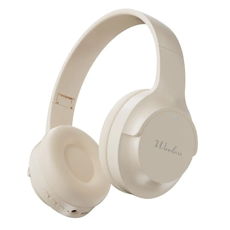 Wireless Bluetooth headset in beige with head-mounted design and ear cups, neutral background