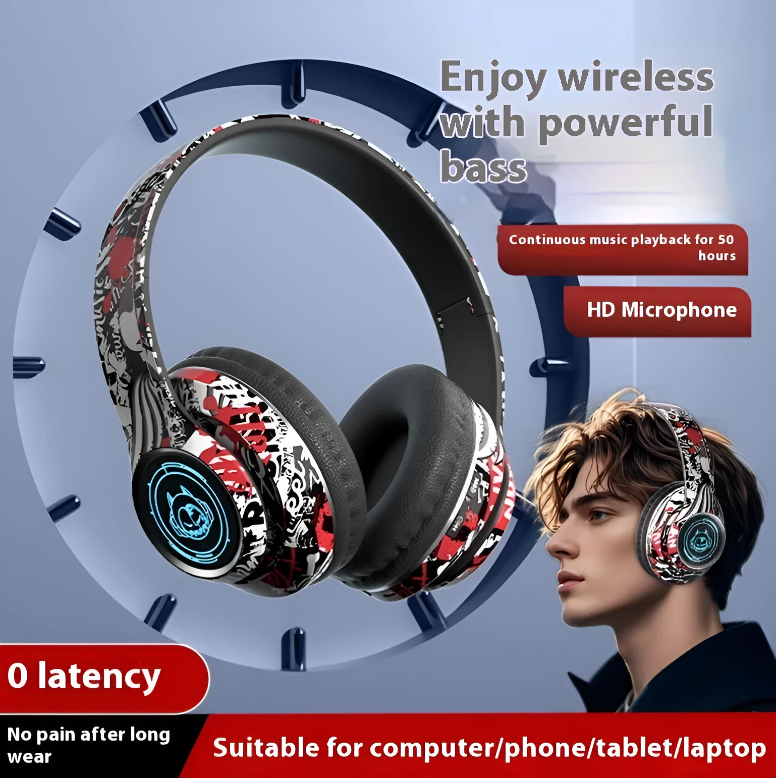 Folding wireless Bluetooth gaming headset in graffiti style with breathing light, PC ABS construction