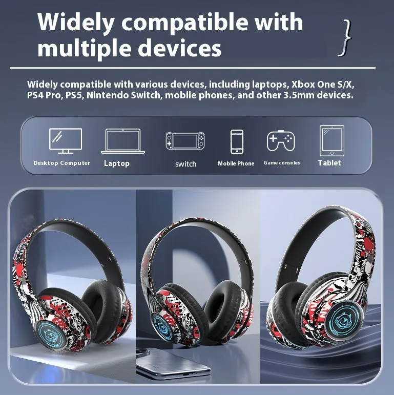 Folding wireless Bluetooth gaming headset in graffiti style with breathing light, PC ABS construction