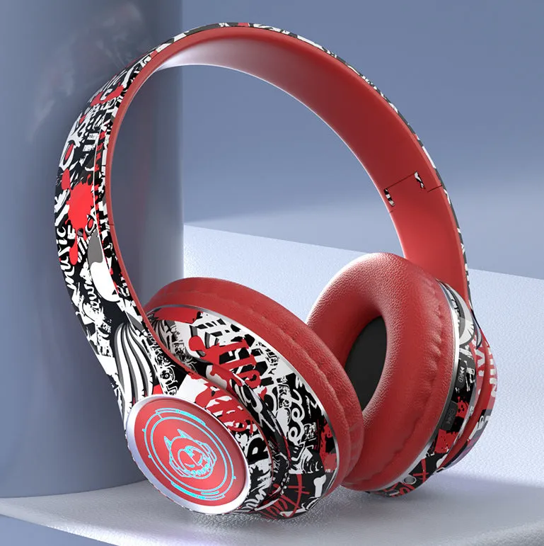 Folding wireless Bluetooth gaming headset in graffiti style with breathing light, PC ABS construction