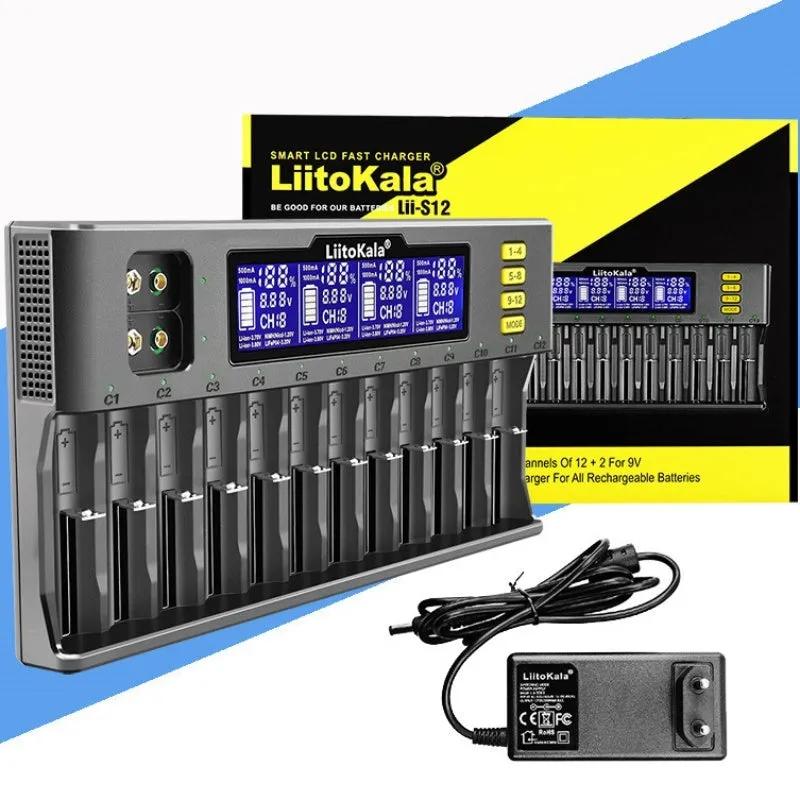 LiitoKala Lii-S12 12-slot LCD battery charger black with 12 batteries inserted on display