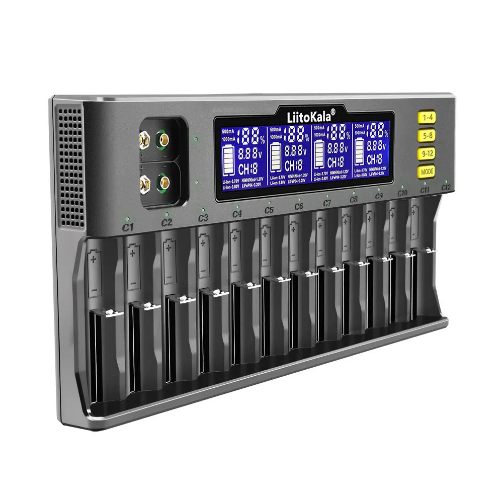 LiitoKala Lii-S12 12-slot LCD battery charger black with 12 batteries inserted on display