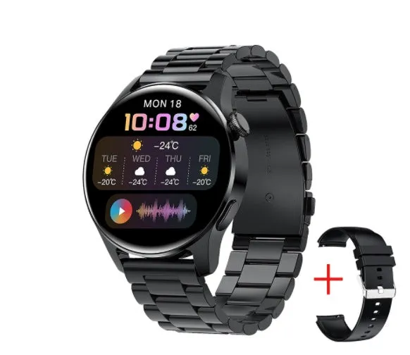 Smart watch with round colour screen showing heart rate data, with black silicone strap on a wrist.