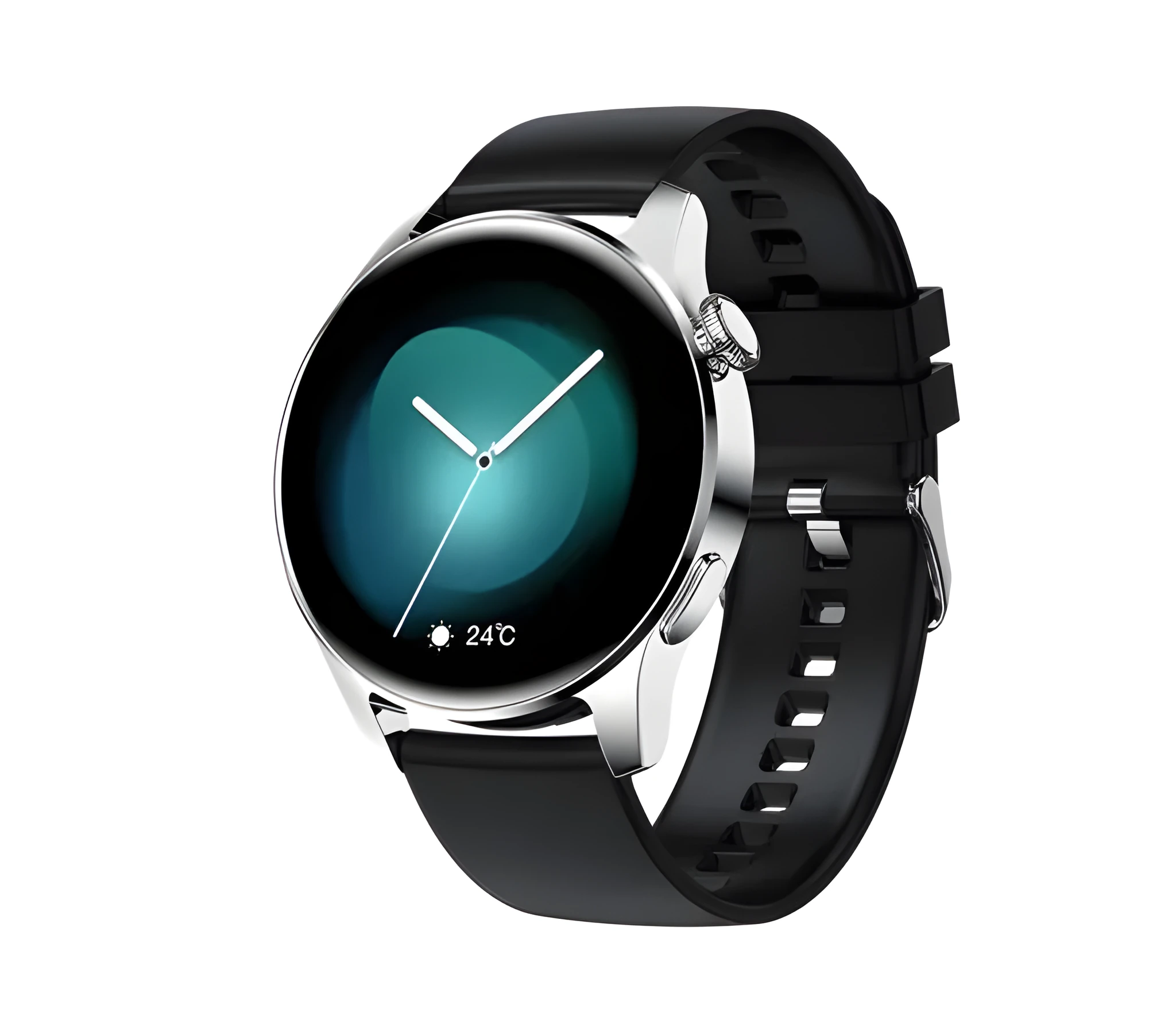 Smart watch with round colour screen showing heart rate data, with black silicone strap on a wrist.