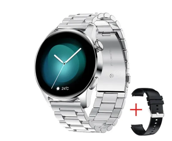 Smart watch with round colour screen showing heart rate data, with black silicone strap on a wrist.
