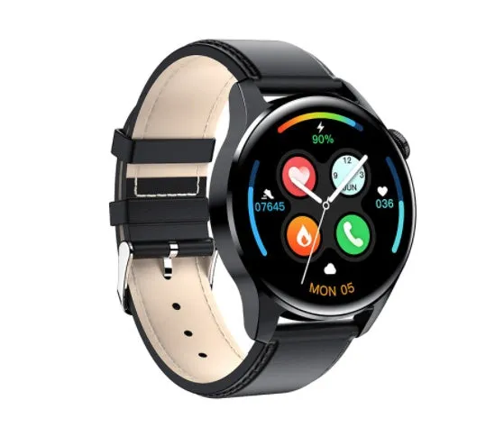 Smart watch with round colour screen showing heart rate data, with black silicone strap on a wrist.