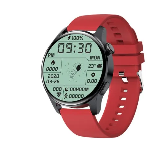 Smart watch with round colour screen showing heart rate data, with black silicone strap on a wrist.