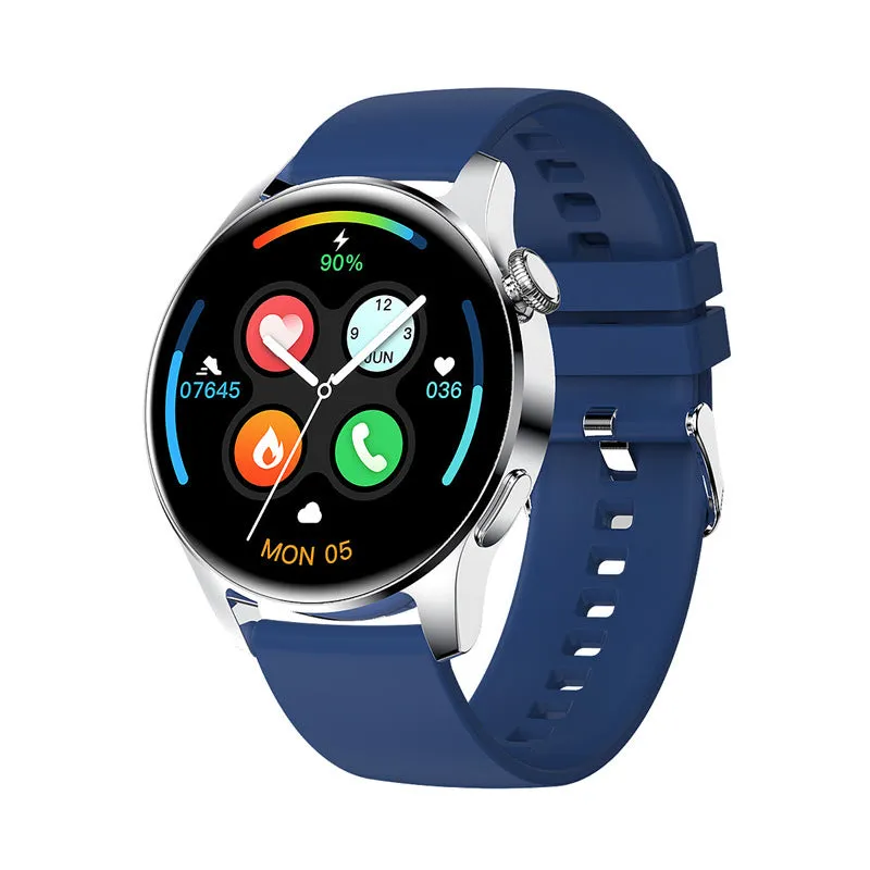 Smart watch with round colour screen showing heart rate data, with black silicone strap on a wrist.
