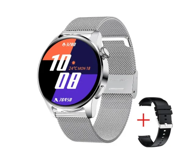 Smart watch with round colour screen showing heart rate data, with black silicone strap on a wrist.