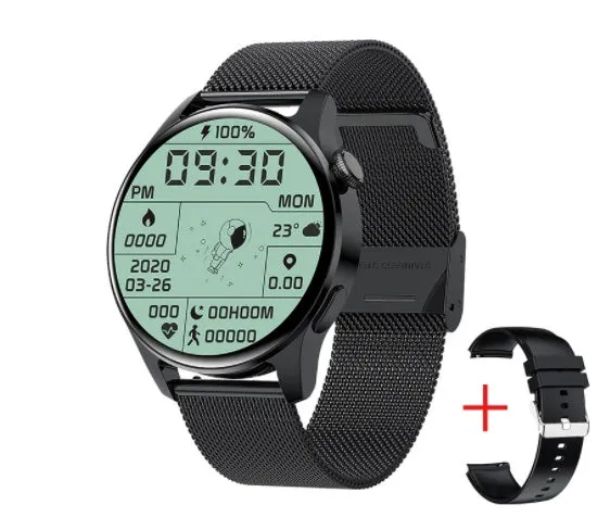 Smart watch with round colour screen showing heart rate data, with black silicone strap on a wrist.