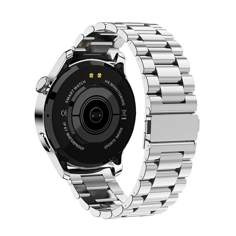 Smart watch with round colour screen showing heart rate data, with black silicone strap on a wrist.