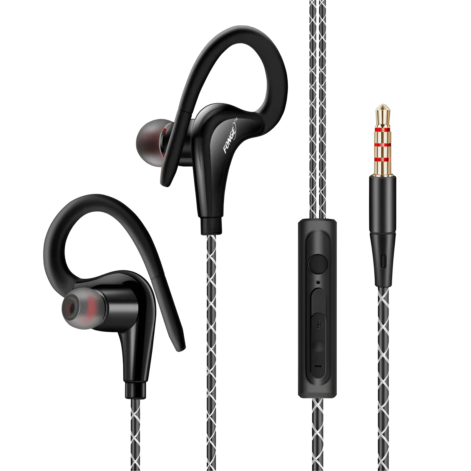 Wired sports headphones ear-mounted music monitor with microphone black TPE cable 1.2m 3.5mm plug