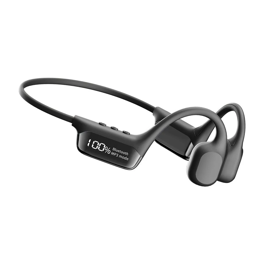 Wireless bone conduction sports headphones in black with PC ABS frame on a gym background