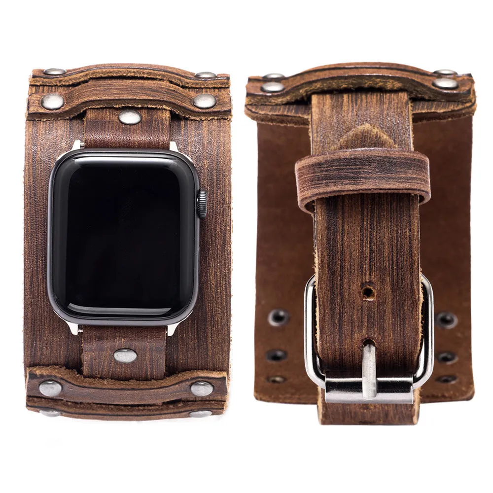 Genuine cowhide watch strap punk style black colour 38/40mm lug width on a dark background