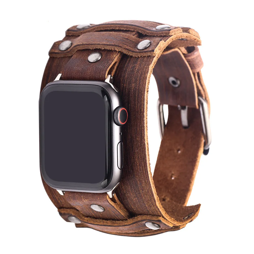 Genuine cowhide watch strap punk style black colour 38/40mm lug width on a dark background