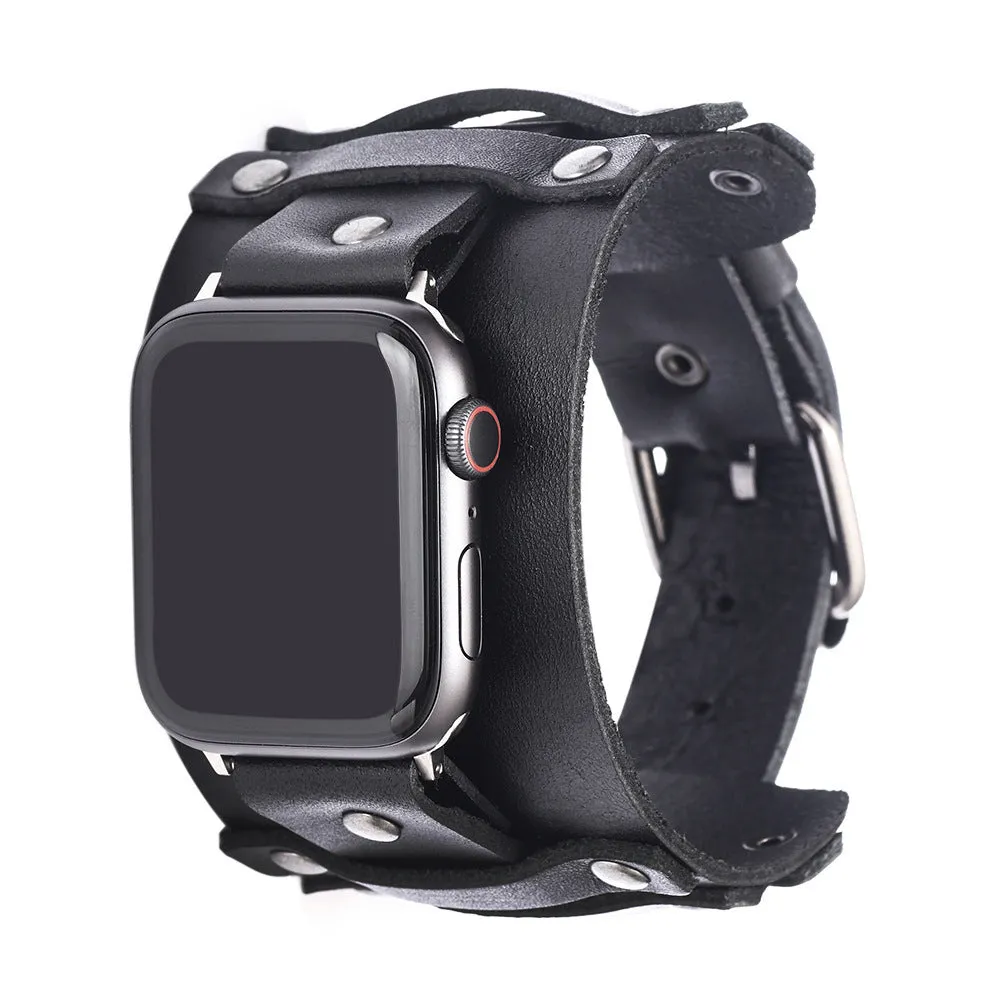 Genuine cowhide watch strap punk style black colour 38/40mm lug width on a dark background