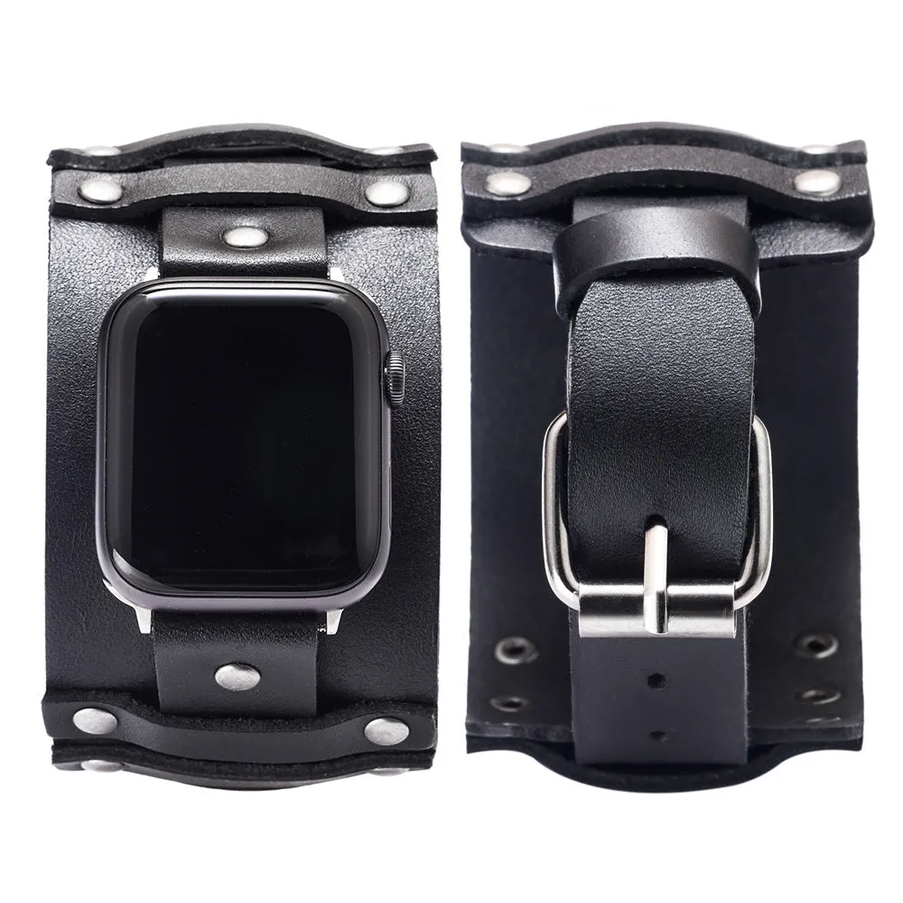 Genuine cowhide watch strap punk style black colour 38/40mm lug width on a dark background