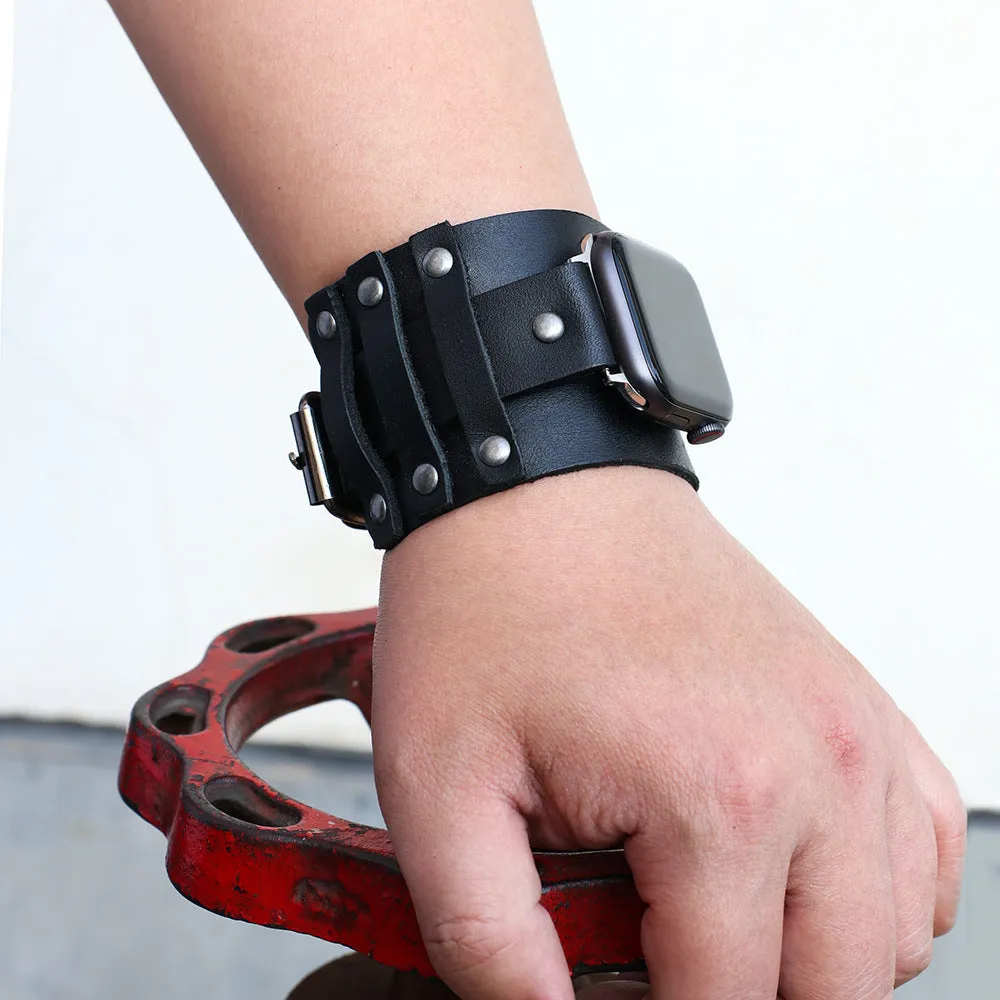 Genuine cowhide watch strap punk style black colour 38/40mm lug width on a dark background