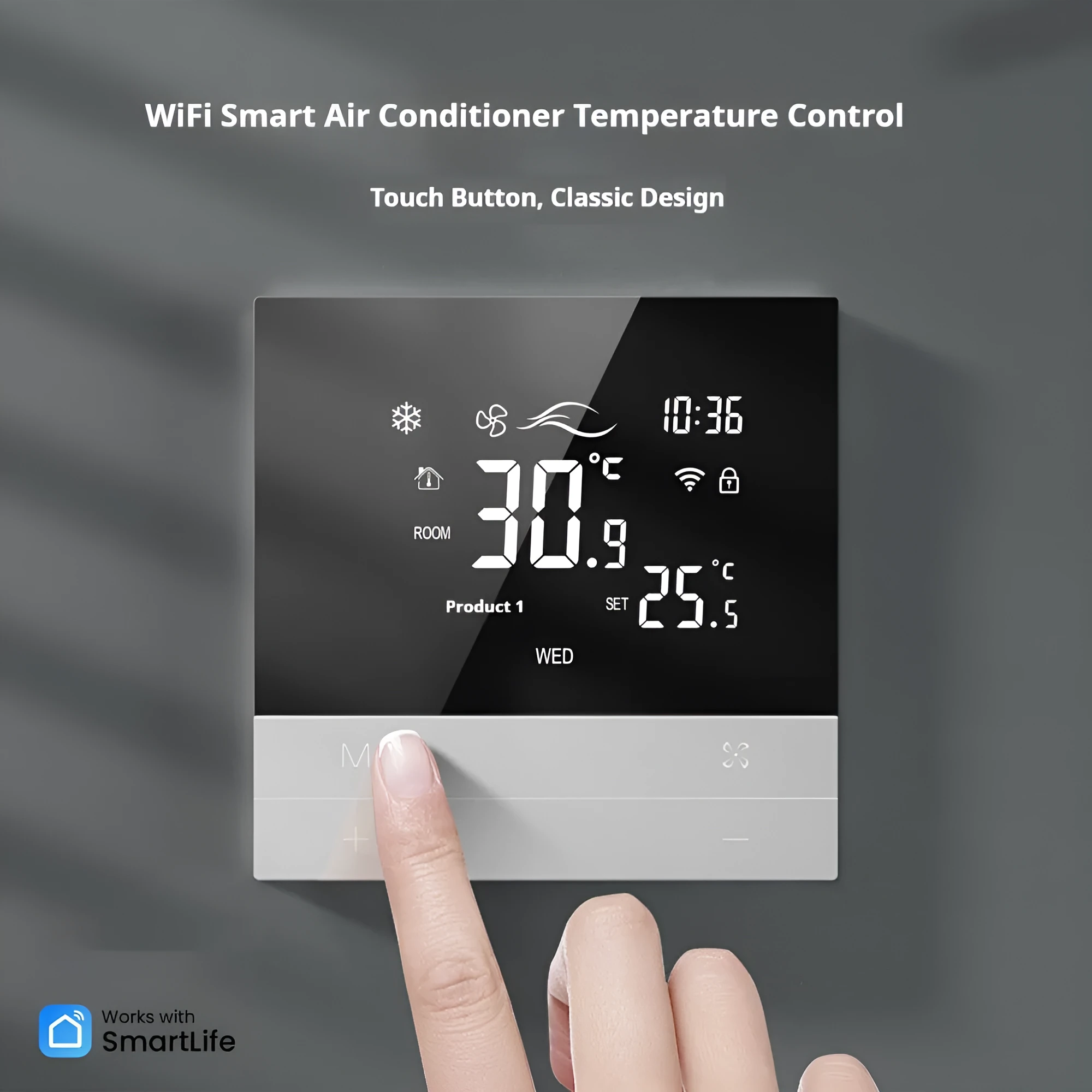Central air-conditioning LCD touch screen thermostat 86x86mm white panel