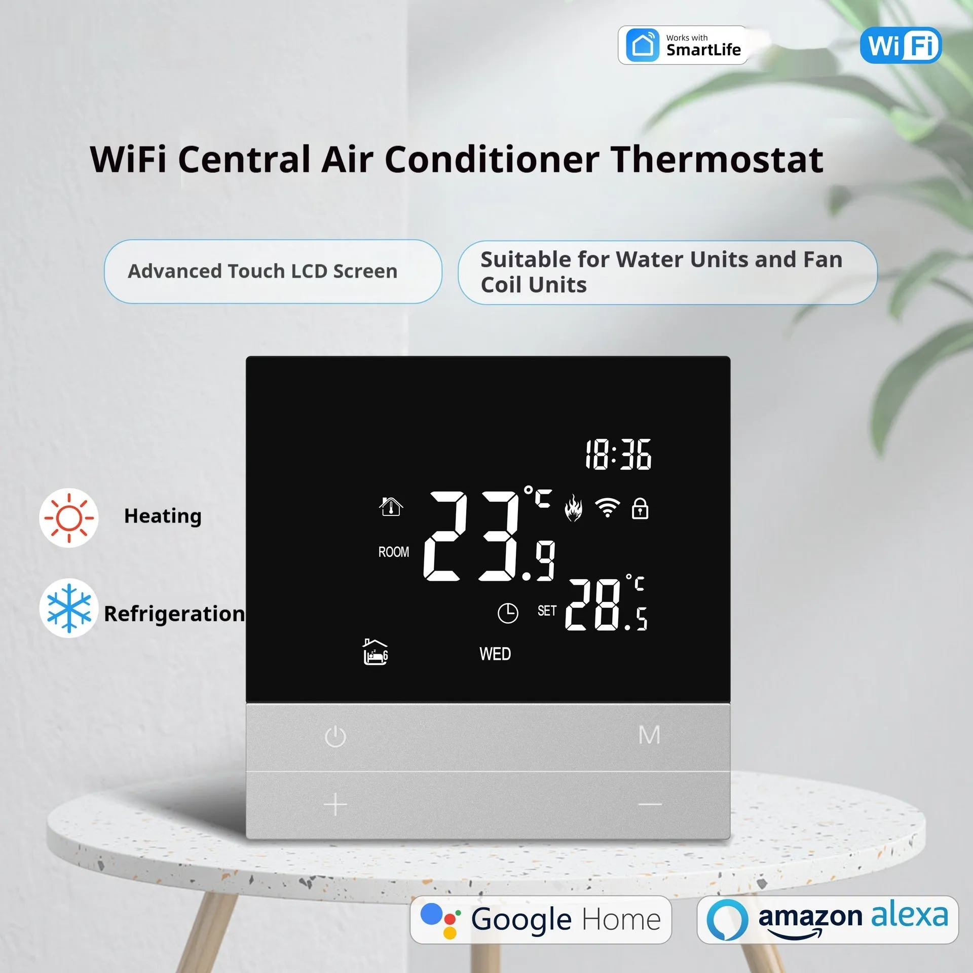 Central air-conditioning LCD touch screen thermostat 86x86mm white panel