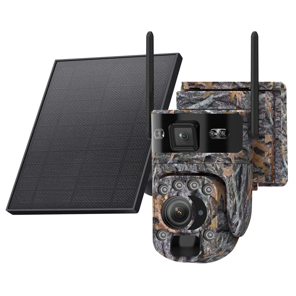 Jungle camouflage 4G solar camera with 6MP HD lens and 20x zoom mounted outdoors in green foliage