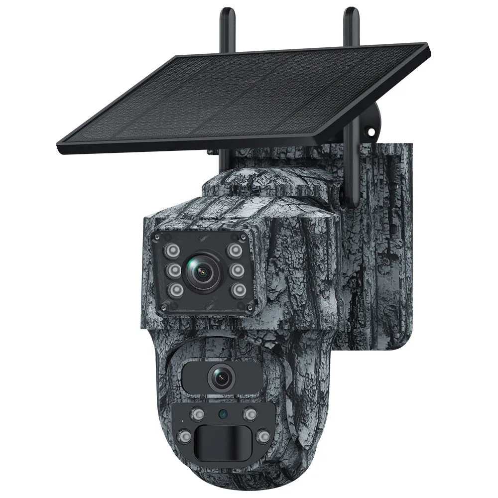 6MP solar surveillance camera with dual screen and solar panel, IP66 waterproof, ceiling mount, black housing