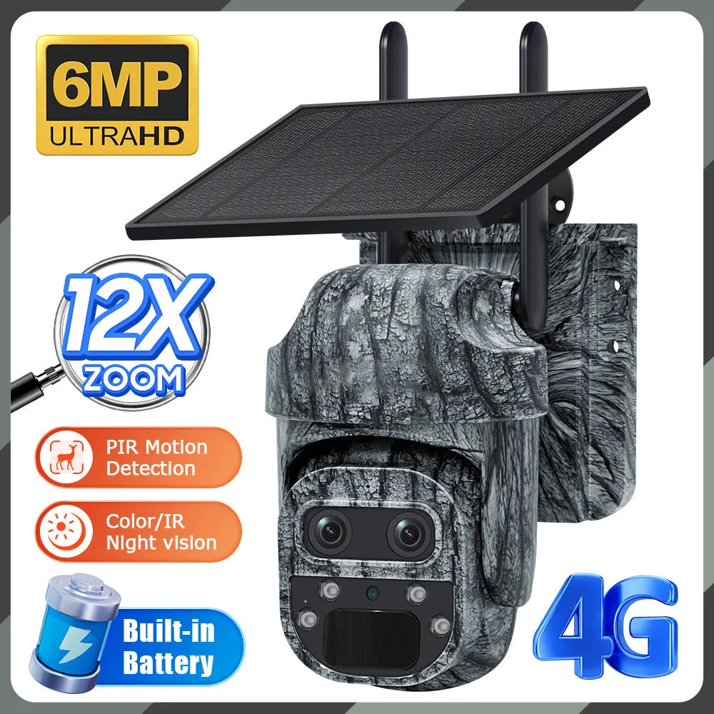 4G solar camouflage camera with 6MP HD night vision and IP66 waterproof housing mounted outdoors