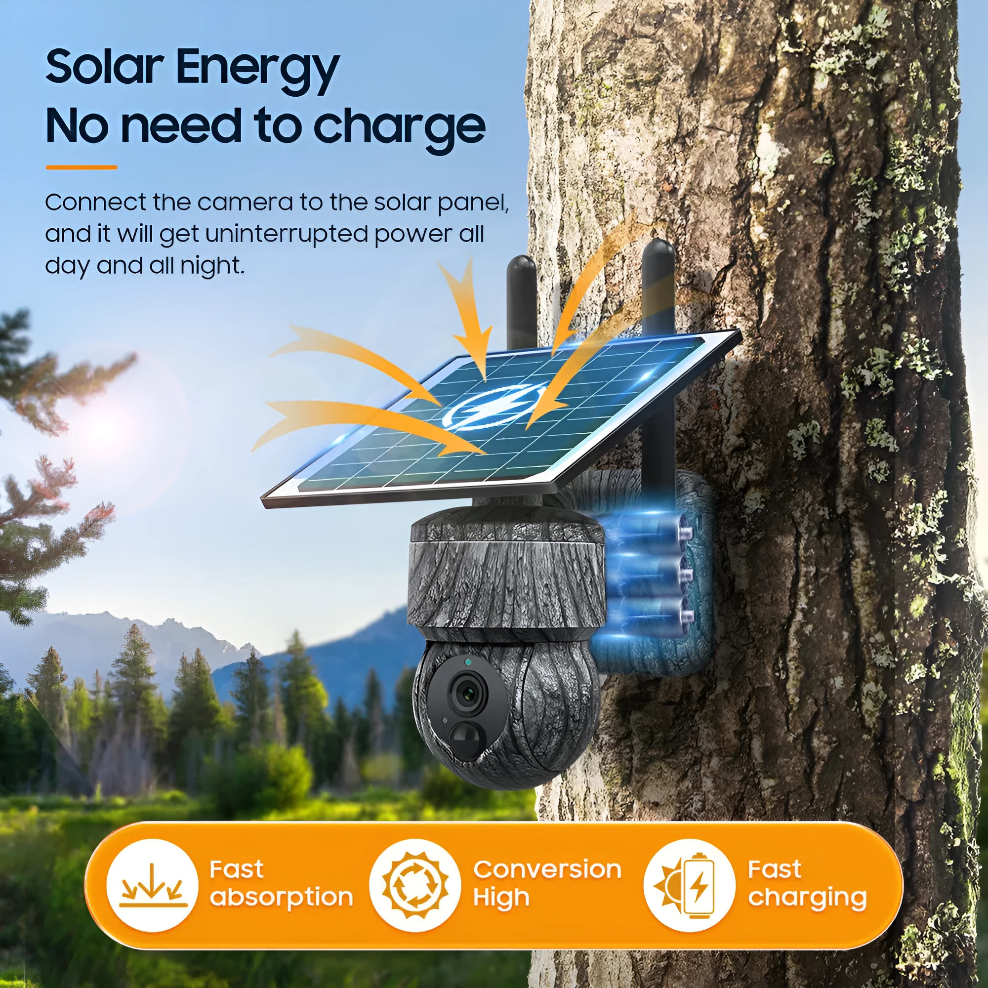 Camouflage solar outdoor surveillance camera with 4G and night vision, IP66 rated, 180 x 200 x 130 mm