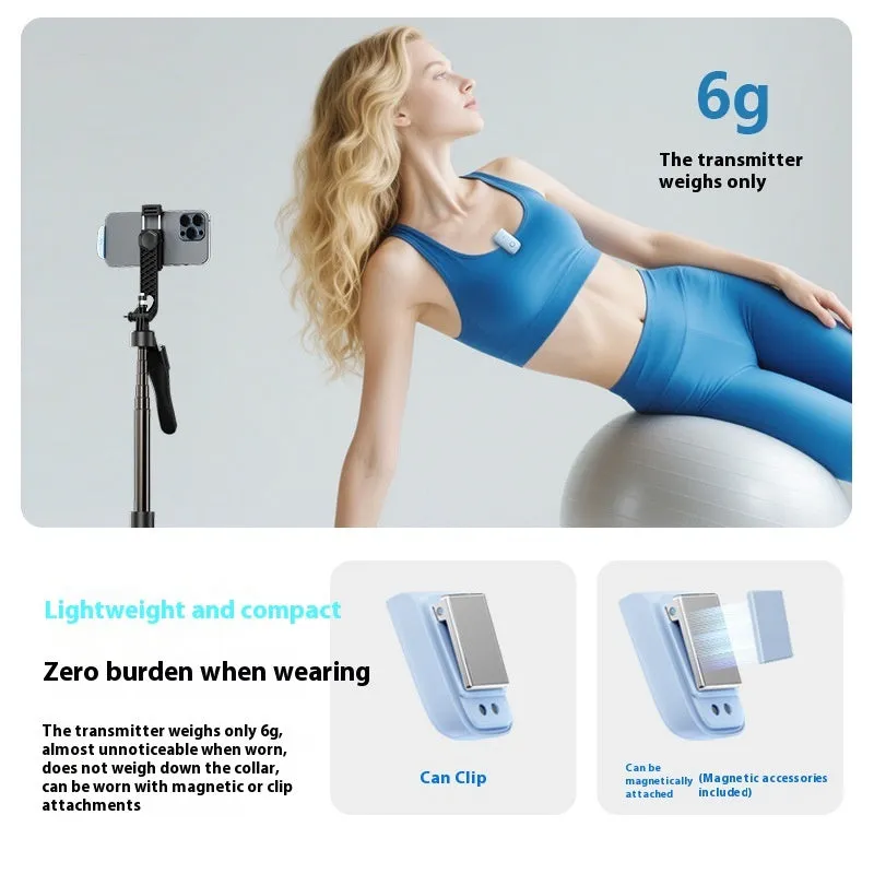 M8 Mini Wireless Collar Clip Microphone in black with magnetic charging case and Type-C connector, showing one-for-two setup