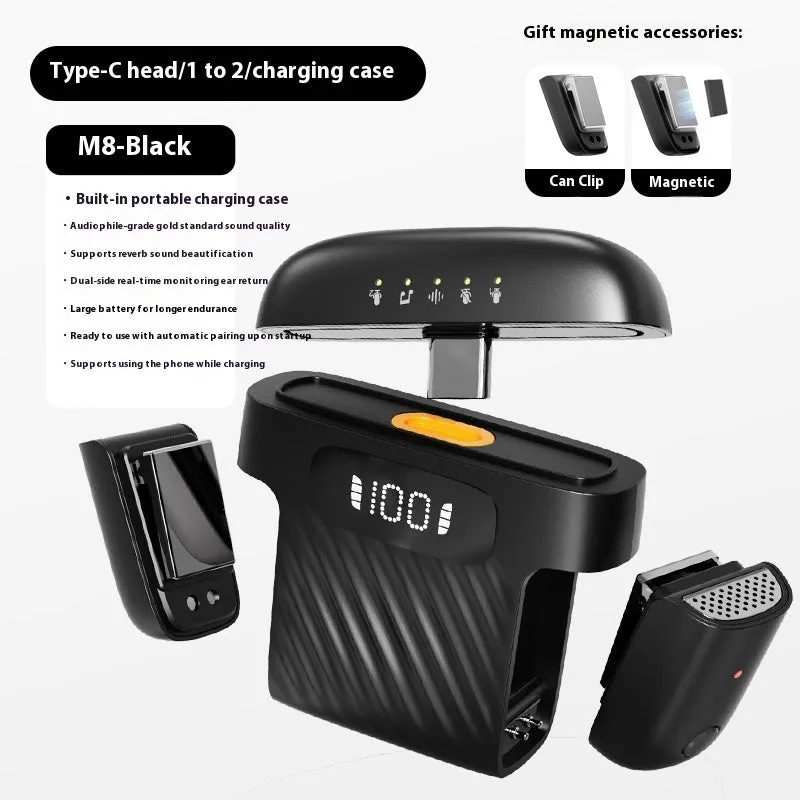 M8 Mini Wireless Collar Clip Microphone in black with magnetic charging case and Type-C connector, showing one-for-two setup