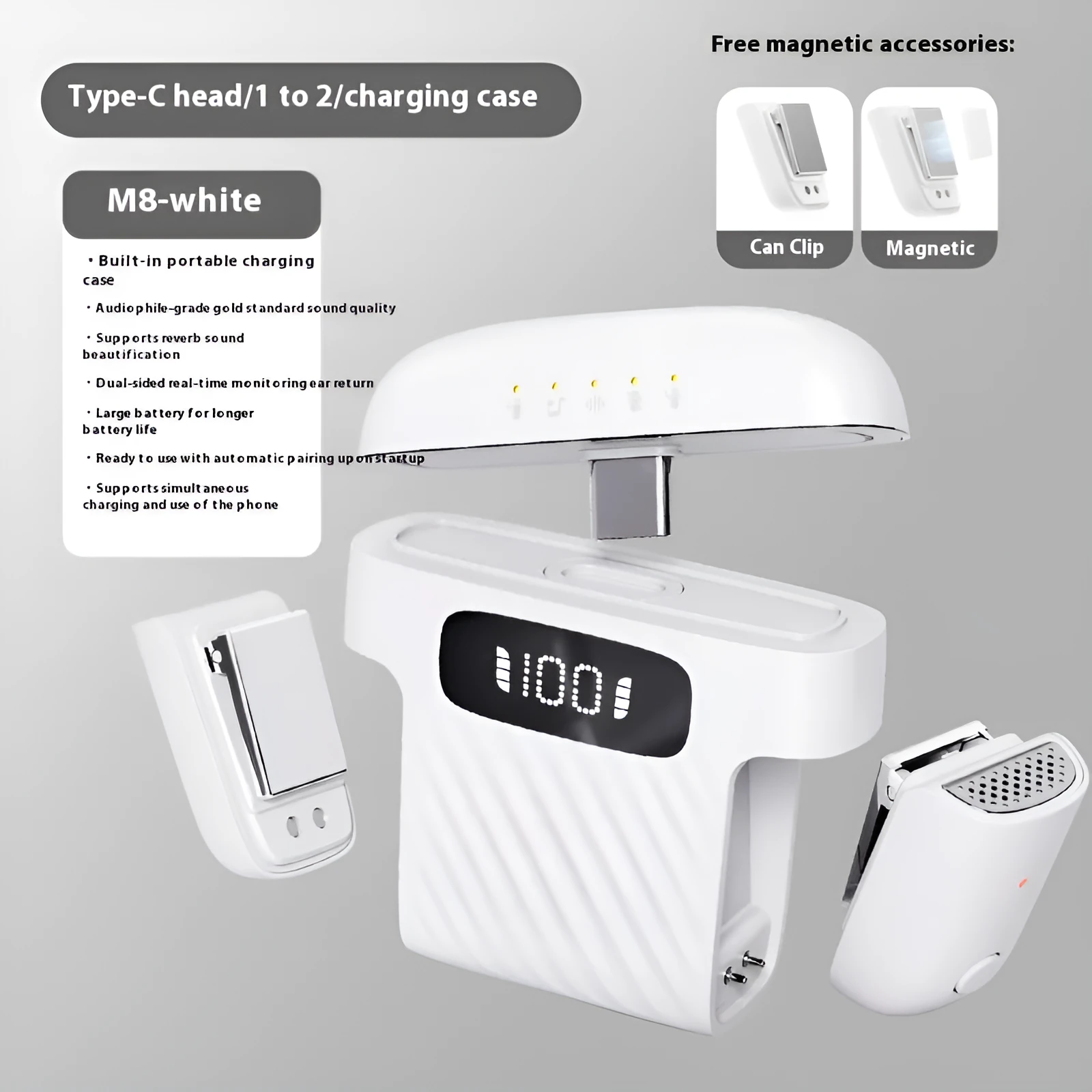 M8 Mini Wireless Collar Clip Microphone in black with magnetic charging case and Type-C connector, showing one-for-two setup