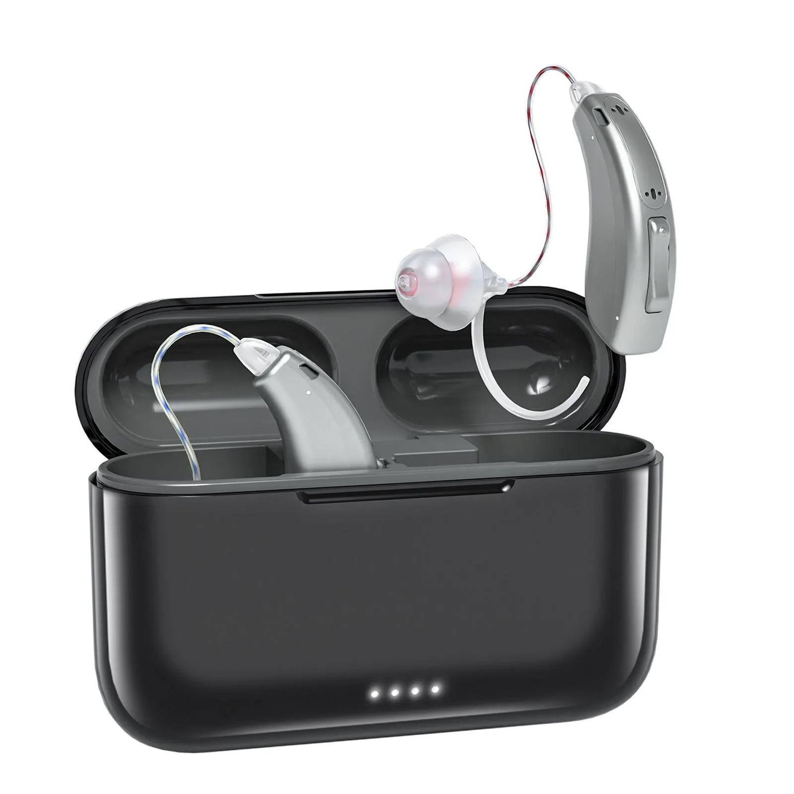 Black wireless back-of-ear rechargeable Bluetooth hearing aid with Type-C charging and silicone ear domes