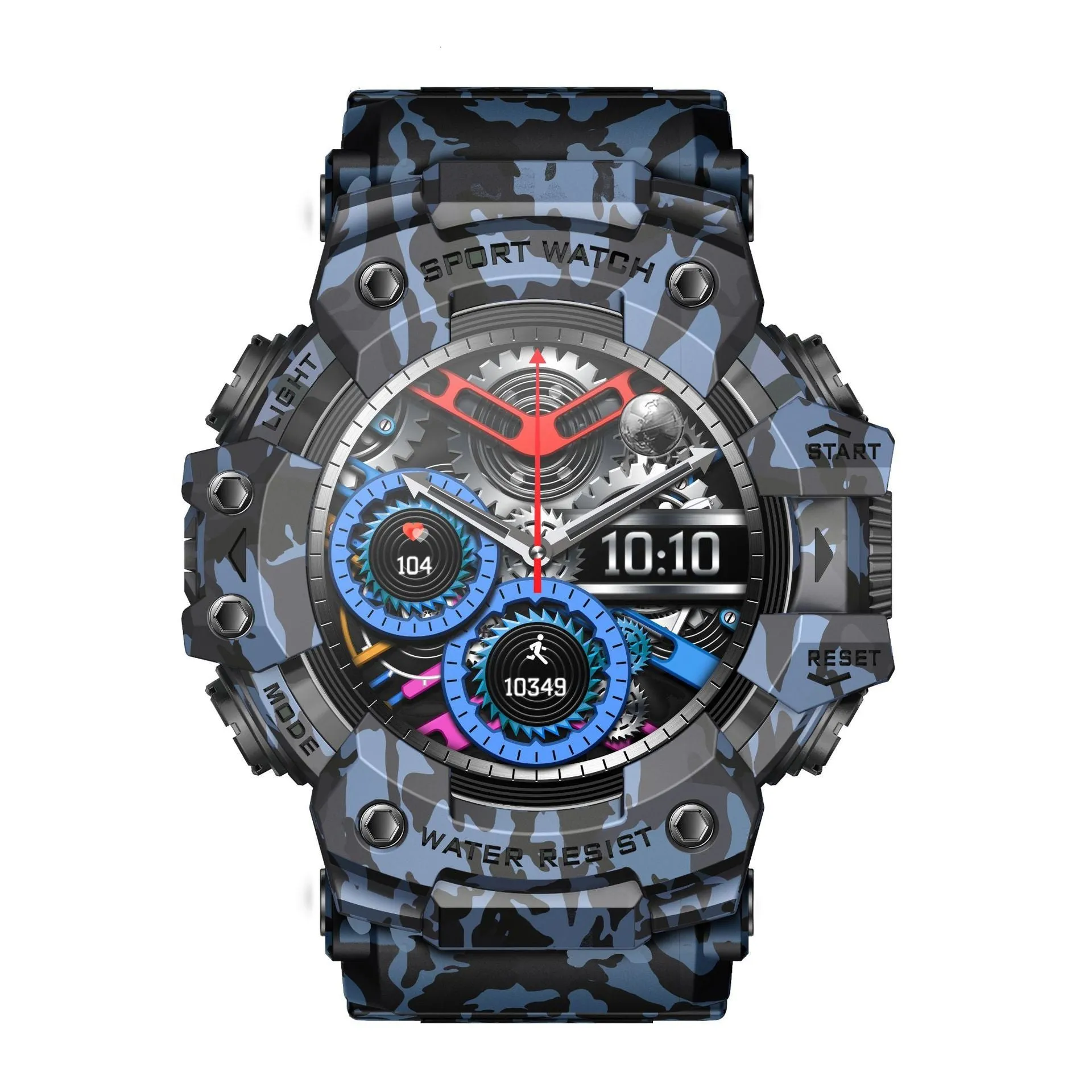 Smart watch bracelet with TFT screen in black, camouflage blue, and camouflage gray with heart rate, sleep, and blood oxygen monitoring