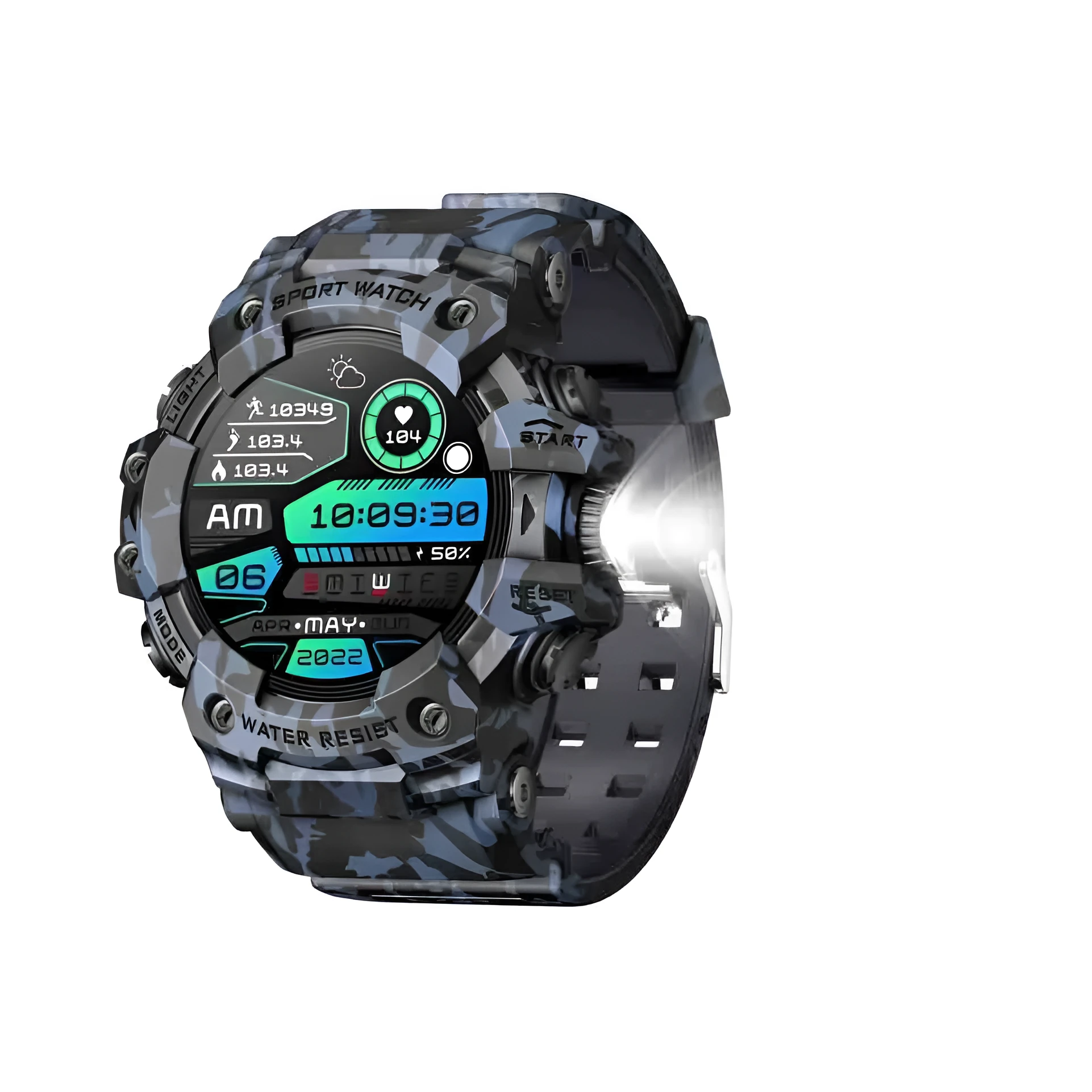 Smart watch bracelet with TFT screen in black, camouflage blue, and camouflage gray with heart rate, sleep, and blood oxygen monitoring