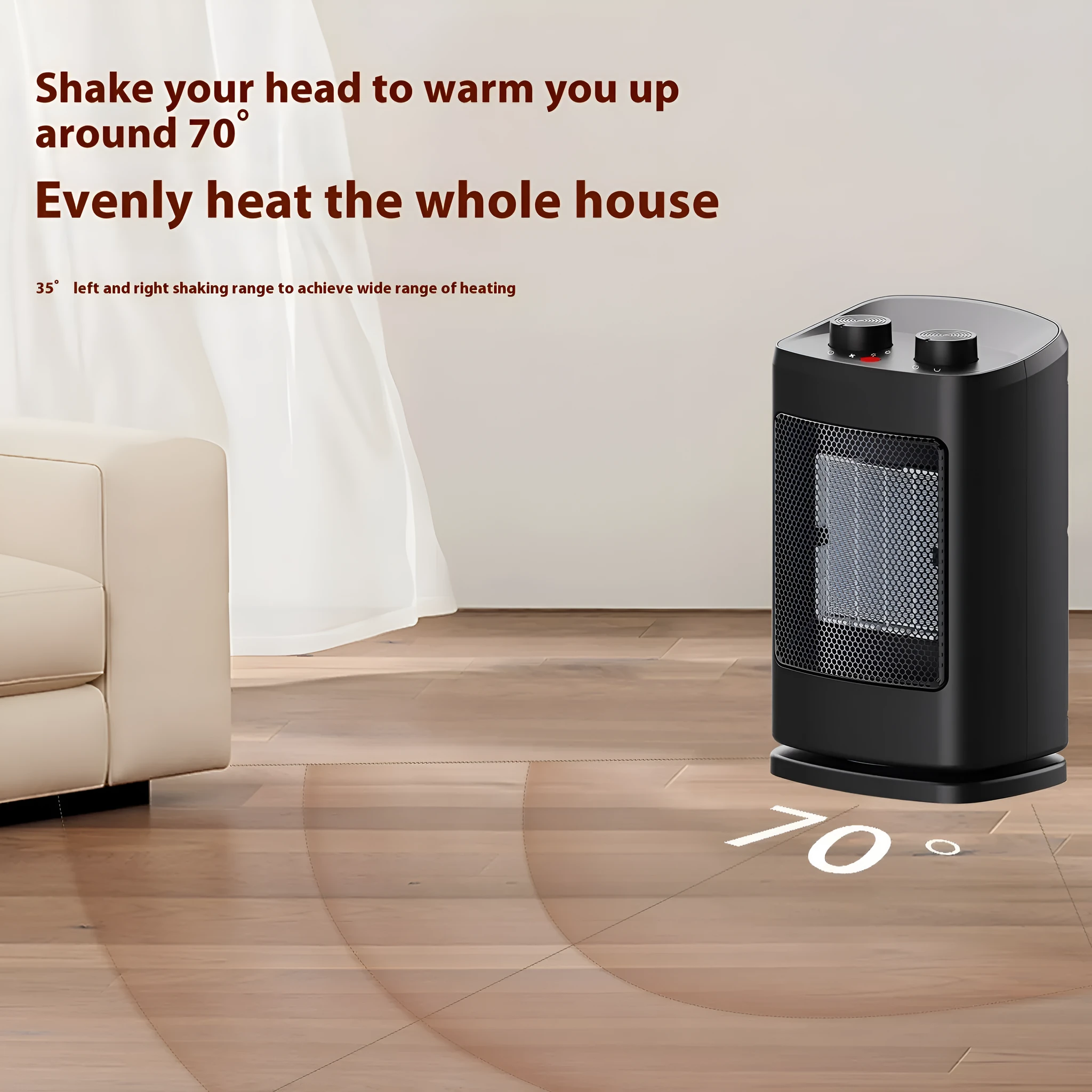 Small black PTC ceramic desktop heater with three fan speeds and tip-over safety switch