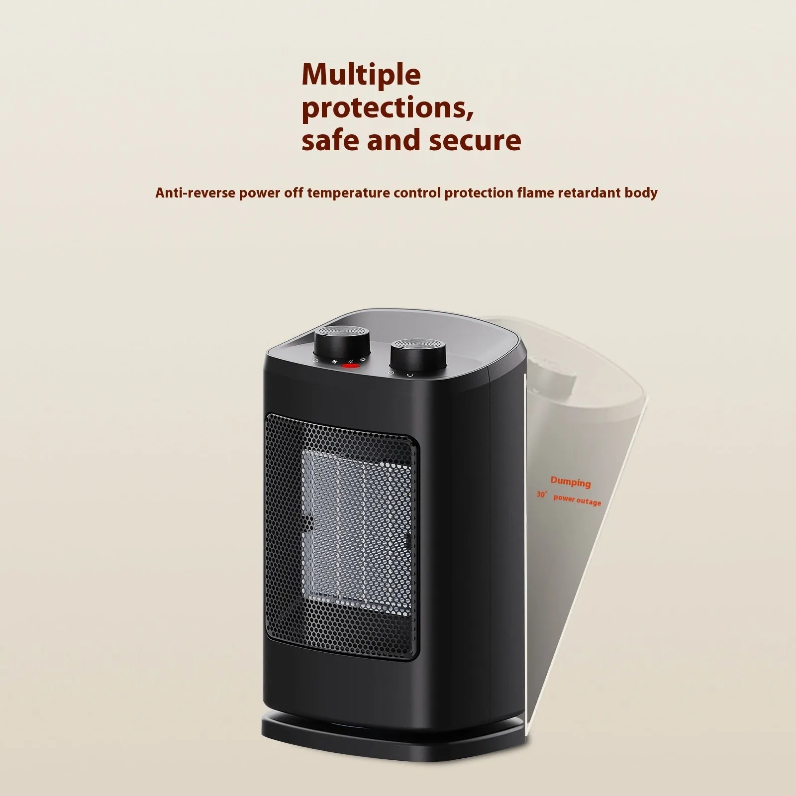Small black PTC ceramic desktop heater with three fan speeds and tip-over safety switch