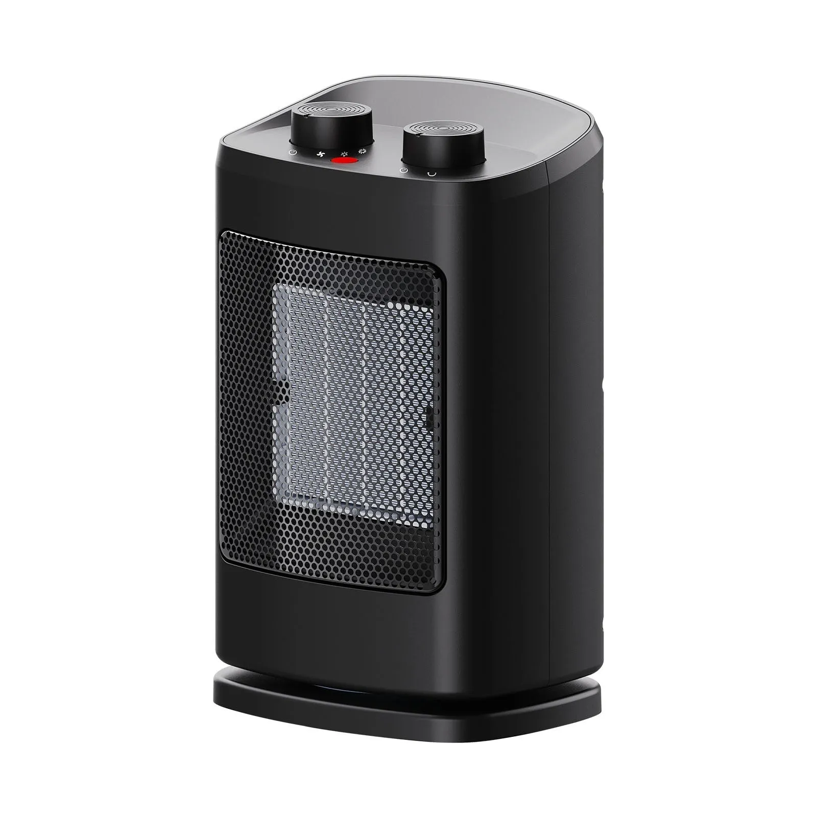 Small black PTC ceramic desktop heater with three fan speeds and tip-over safety switch
